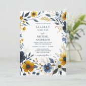 Premium Navyblauw Geel Gouden Bloem Bruiloft Kaart (Staand voorkant)