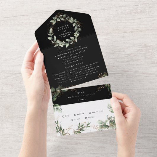 Premium onyx Black Eucalyptus Wreath Weddenschap All In One Uitnodiging (Afscheurbaar)