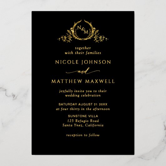 Premium Real Gold Elegant Monogram Black Weddensch Folie Uitnodiging (Voorkant)