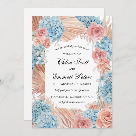 Premium Roos Blue Hydrangea Wedding Kaart (Voorkant / Achterkant)