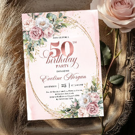 Premium Rose Gold Floral 50th Birthday Invitation Kaart