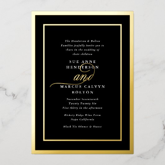 Premium Tuxedo kalligrafie gouden Lijst bruiloft Folie Uitnodiging (Voorkant)