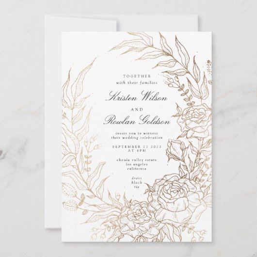 Premium Wit en Goud Bloemen Krans Bruiloft Kaart (Voorkant)