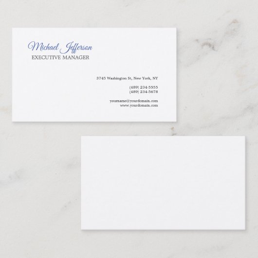 Premium zijde Modern Elegant Calligrafie Blauw Wit Visitekaartje (Voorkant / Achterkant)