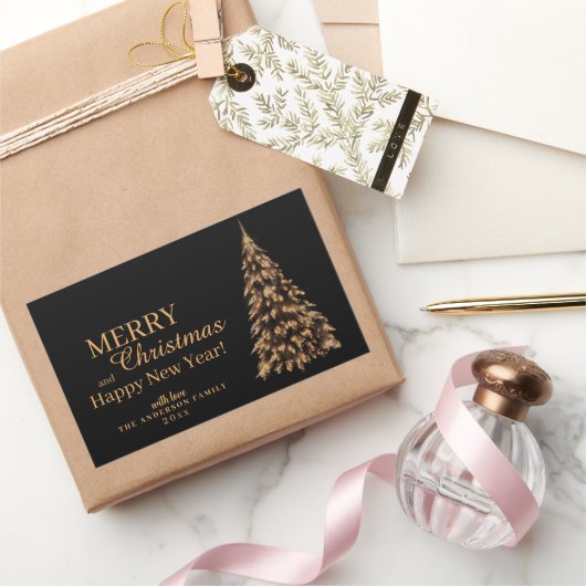 Premium Zwart en Goud Kerstboom Kerstmis Rechthoekige Sticker (Geschenken)