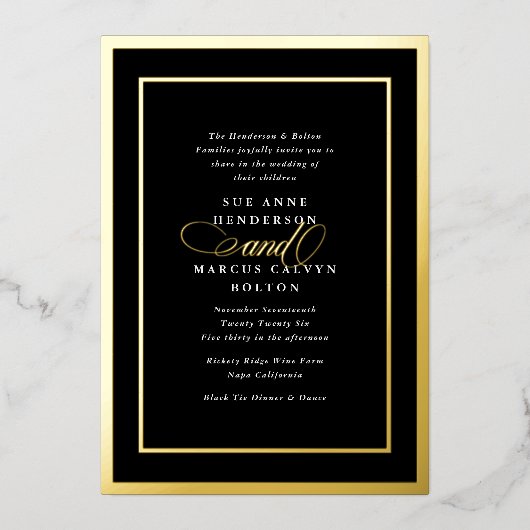 Premium Zwart Formal Gold Ampersand Lijst Bruiloft Folie Uitnodiging (Voorkant)