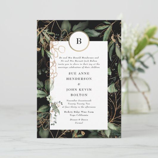 Premium - zwart goudmonogram botanische eucalyptus kaart (Staand voorkant)