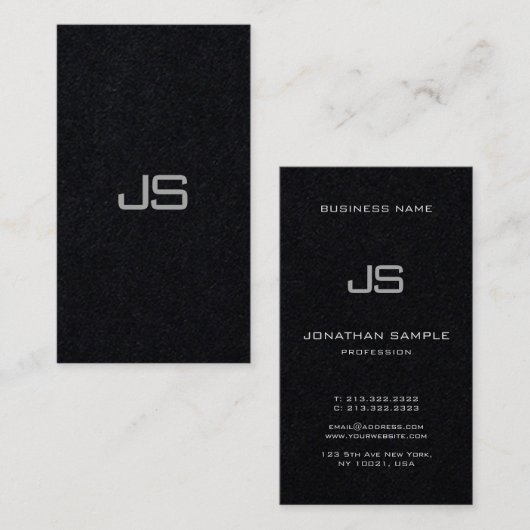 Premium zwart modern monogram verticaal uitstekend visitekaartje (Voorkant / Achterkant)