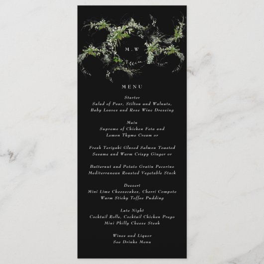 Premium zwart monogram | Eucalyptus krans bruiloft Menu (Voorkant)