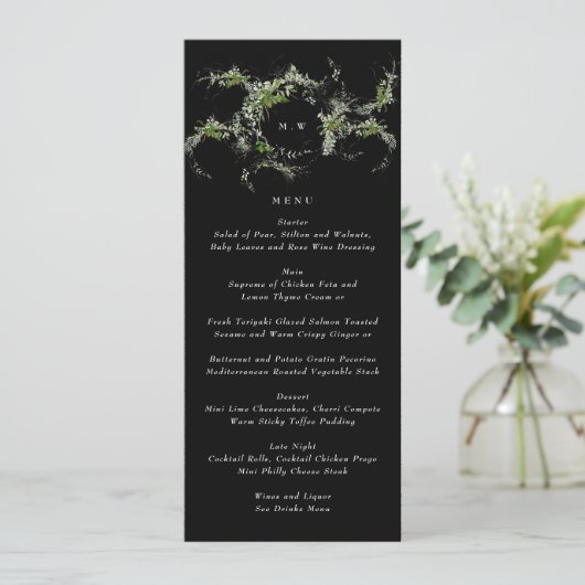 Premium zwart monogram | Eucalyptus krans bruiloft Menu (Staand voorkant)