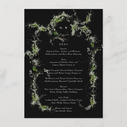 Premium zwart monogram Eucalyptus krans bruiloft Menu (Voorkant)