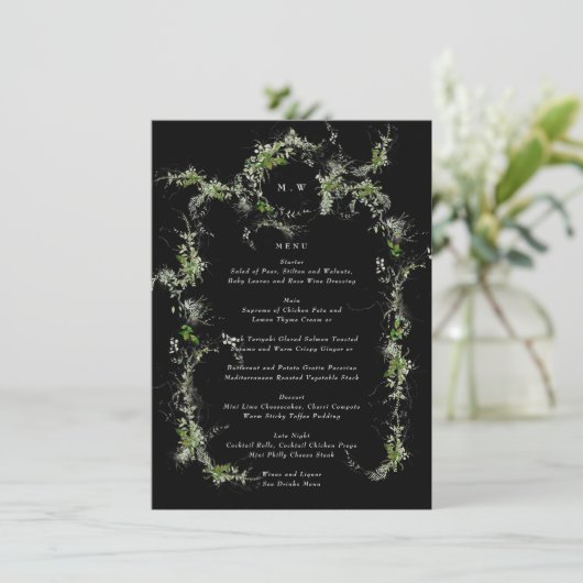 Premium zwart monogram Eucalyptus krans bruiloft Menu (Staand voorkant)