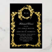 Premium Zwart Monogram Goud Crest Repetitie Diner Folie Uitnodiging (Voorkant)