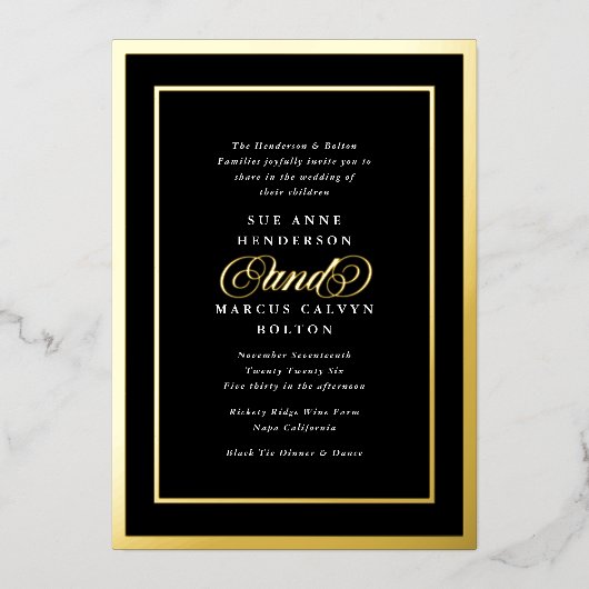 Premium Zwart Wit Formeel Goud Lijsten Bruiloft Folie Uitnodiging (Voorkant)