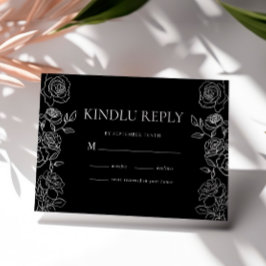 Premium zwart-wit Franse Rozen bruiloft RSVP Kaartje