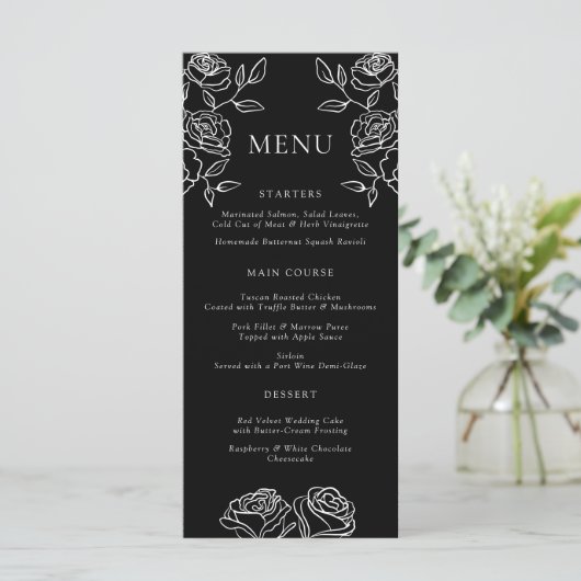 Premium zwart-wit Franse Rozen Wedding Menu (Staand voorkant)