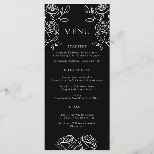 Premium zwart-wit Franse Rozen Wedding Menu (Voorkant)