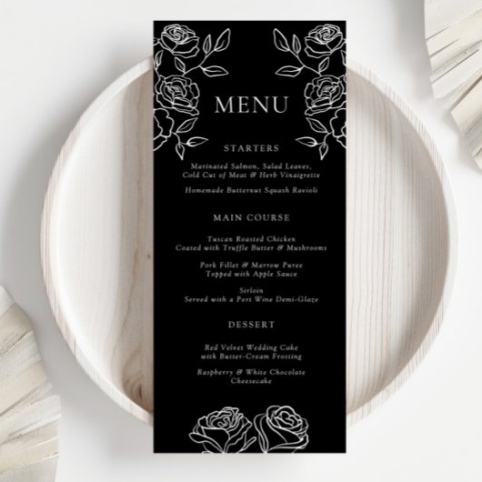 Premium zwart-wit Franse Rozen Wedding Menu