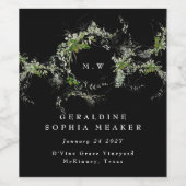 Premium Zwarte Eucalyptus Krans Monogram Huwelijk Wijn Etiket (Enkel label)