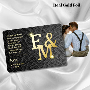 Premium Zwarte Goud Monogram Foto Leer Look Folie Uitnodiging