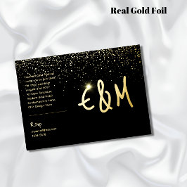 Premium Zwarte Gouden Monogram Foto Leer Look Foli Folie Uitnodiging