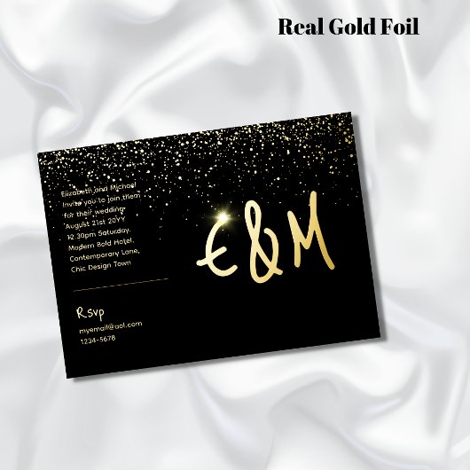 Premium Zwarte Gouden Monogram Foto Leer Look Foli Folie Uitnodiging