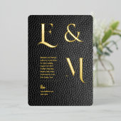 Premium Zwarte Gouden Monogram Foto Leerlook Folie Uitnodiging (Staand Voorkant)