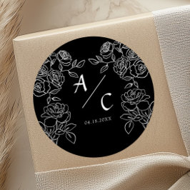 Premium Zwarte & Witte Franse Rozen Bruiloft Ronde Sticker