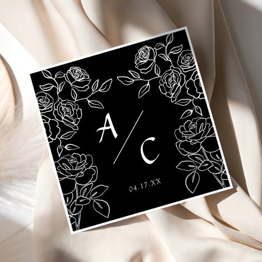 Premium Zwarte & Witte Franse Rozen Bruiloft Servet