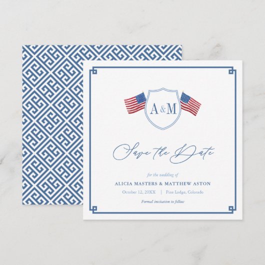 Preppy All-American Red White Blue Wedding Save The Date (Voorkant / Achterkant)