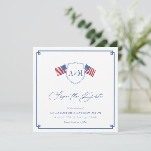 Preppy All-American Red White Blue Wedding Save The Date (Staand voorkant)