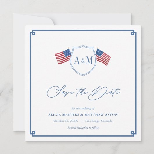 Preppy All-American Red White Blue Wedding Save The Date (Voorkant)