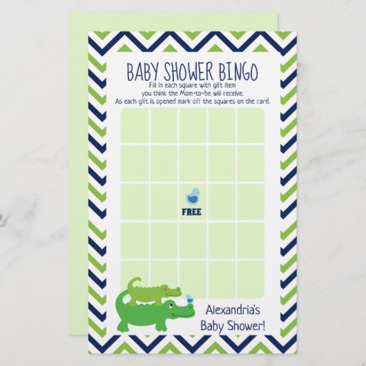 Preppy Alligator Baby shower Bingo (Voorkant / Achterkant)