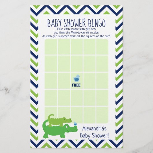 Preppy Alligator Baby Shower Bingo Spel (Voorkant)