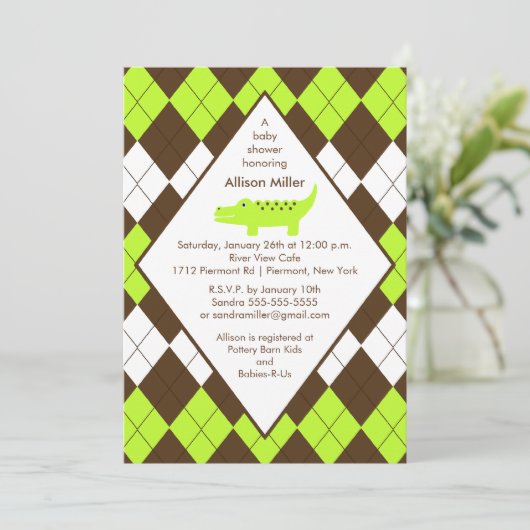 Preppy Alligator Baby shower Invitation Limoen Blu Kaart (Staand voorkant)