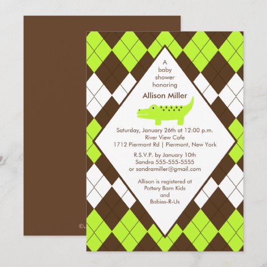 Preppy Alligator Baby shower Invitation Limoen Blu Kaart (Voorkant / Achterkant)