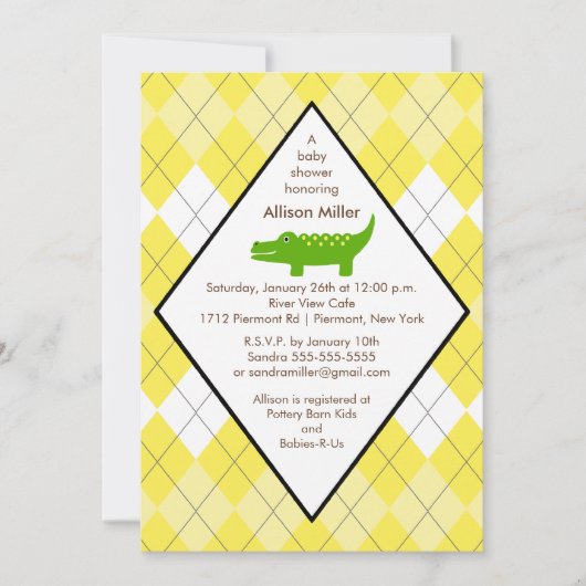 Preppy Alligator Baby shower Invitation Yellow Kaart (Voorkant)