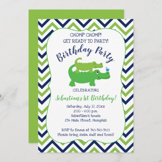 Preppy Alligator Crocodile Boy Birthday Uitnodigin Kaart (Voorkant / Achterkant)