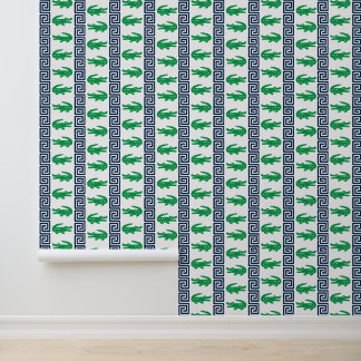 Preppy Alligator Greek Key Stripe - Navy & Green Behang