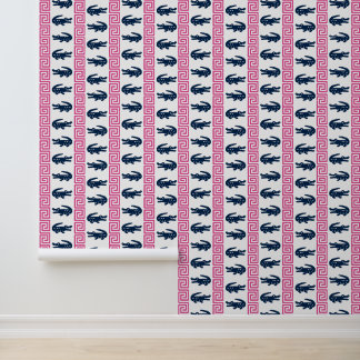 Preppy Alligator Greek Key Stripe Navy & Hot Pink Behang