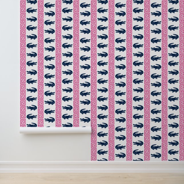 Preppy Alligator Greek Key Stripe  Navy & Hot Pink Behang (Applicatie)