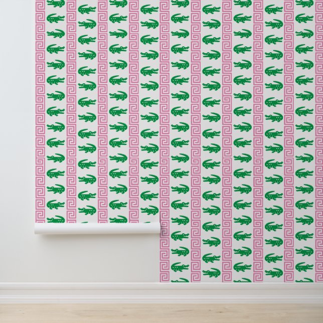Preppy Alligator Greek Key Stripe – Pink & Green   Behang (Applicatie)