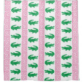 Preppy Alligator Greek Key Stripe – Pink & Green   Douchegordijn (Voorkant)