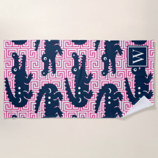 Preppy Alligator Griekse Sleutel - Roze & Marinebl Strandlaken