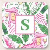 Preppy Alligator Wijn Roze Groen Monogram Wit Bier Onderzetter (Voorkant)