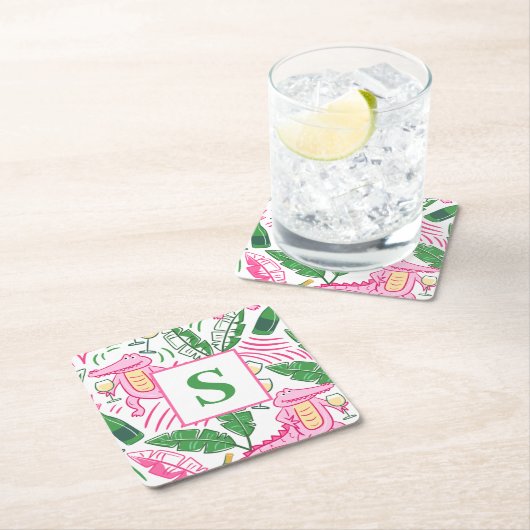 Preppy Alligator Wijn Roze Groen Monogram Wit Kartonnen Onderzetters (Insitu)