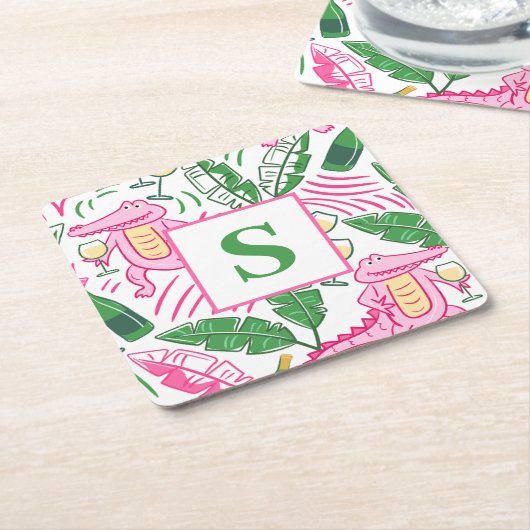 Preppy Alligator Wijn Roze Groen Monogram Wit Kartonnen Onderzetters (Schuin)