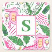 Preppy Alligator Wijn Roze Groen Monogram Wit Kartonnen Onderzetters (Voorkant)