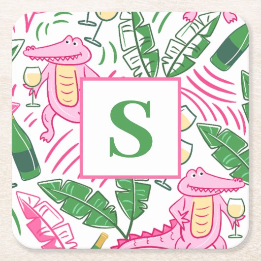 Preppy Alligator Wijn Roze Groen Monogram Wit Kartonnen Onderzetters (Voorkant)