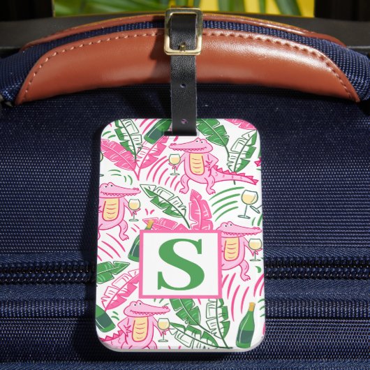 Preppy Alligator Wine Roze Groen Monogram Bagagelabel (Voorkant Insitu 2)